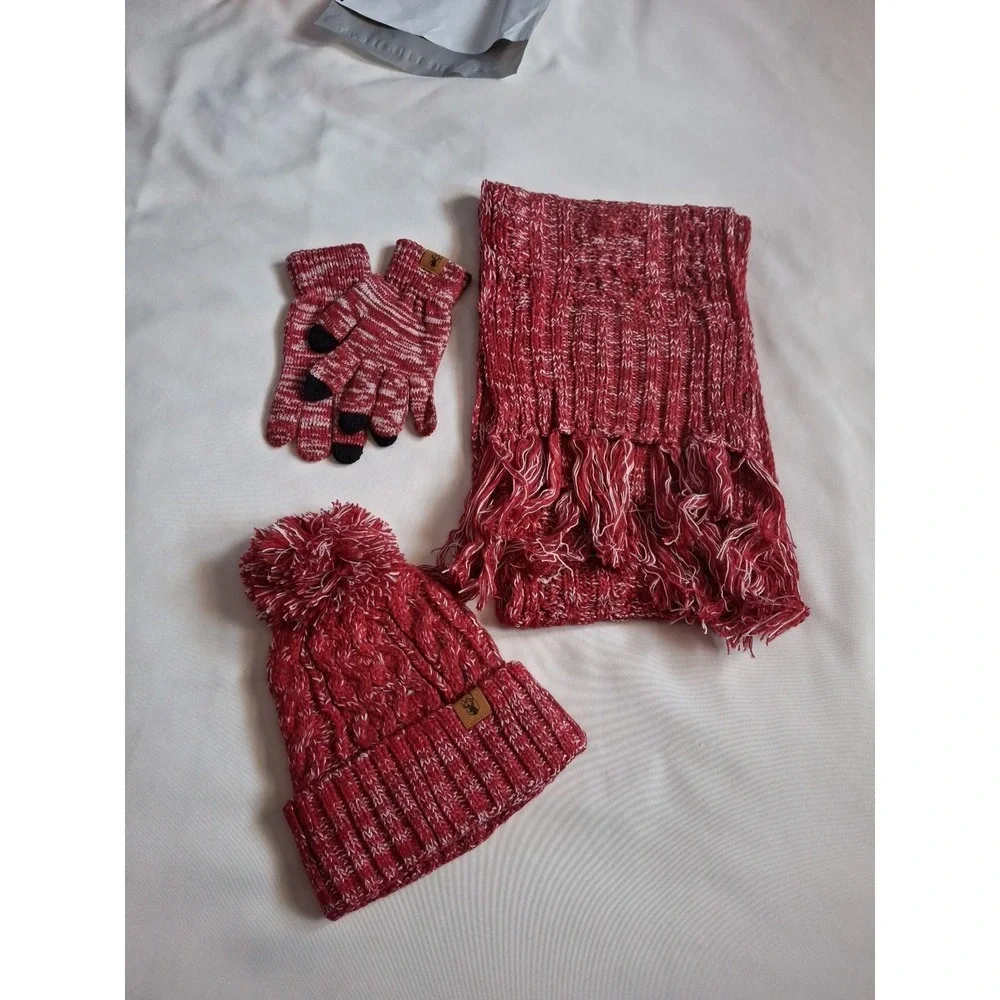 Womens Winter 3-Piece Scarf, Hat‎ & Gloves Set Rose Red